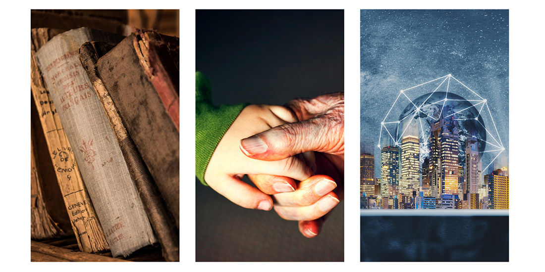 Composite image featuring a photo of old books on a shelf, a small child's hand being held by a much older hand, and an illustration of futursitic city skyline.