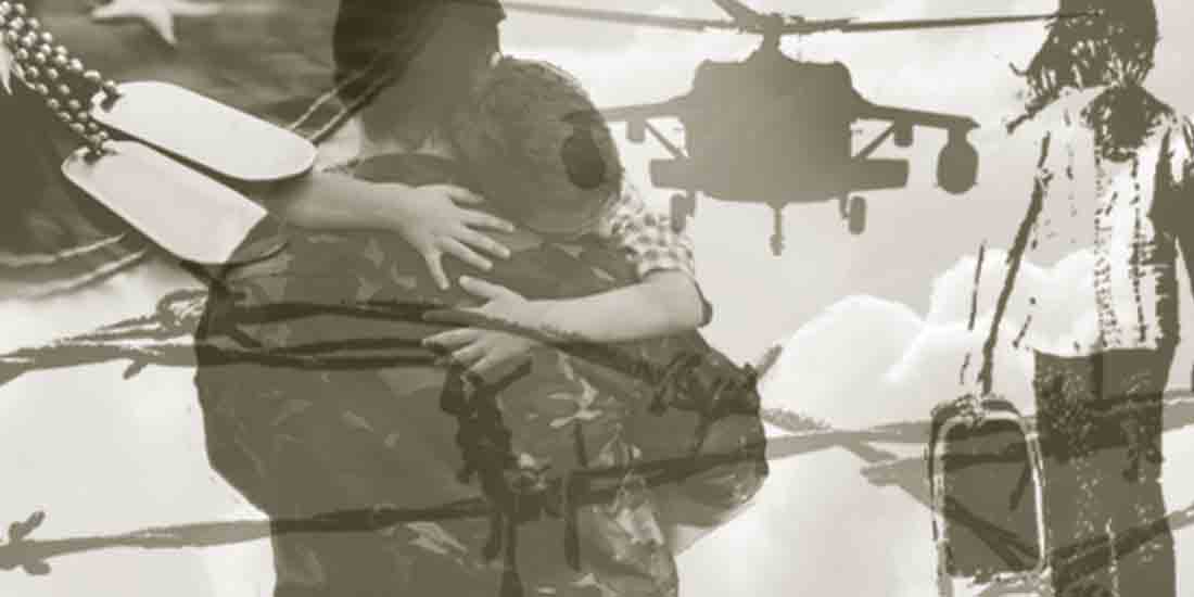 A composite image featuring washed out images of dog tags, a soldier holding his son, a military helicopter, and a woman holding a suitcase.