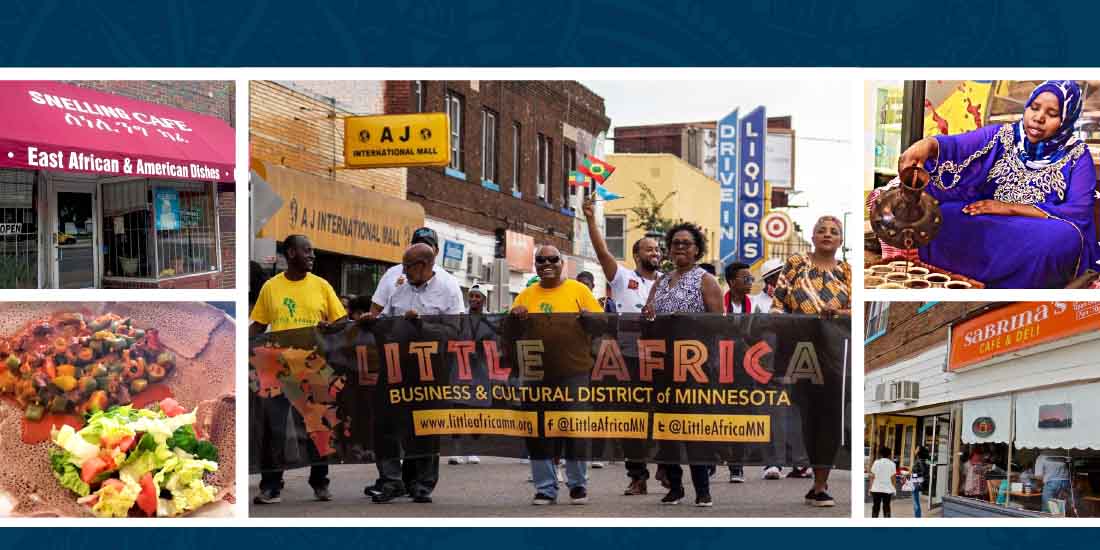 Composite image featuring images of storefronts, shoppers, and products from St. Paul's Little Africa Community.