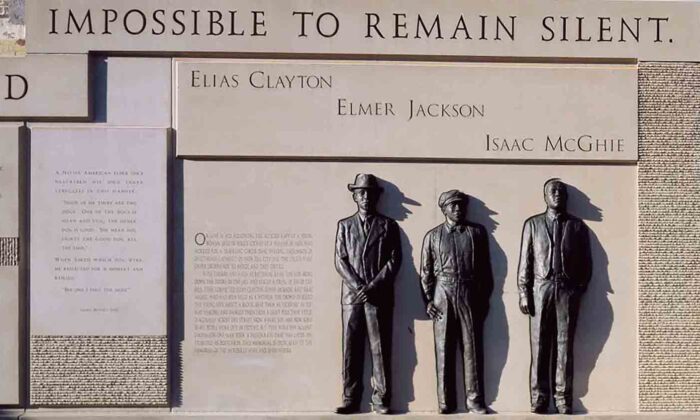 Sculpture and bas relief of Duluth lynching victims, Elias Clayton, Elmer Jackson, and Isaac McGhie in downtown Duluth, MN.