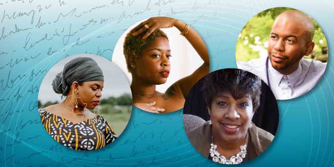 Composite image featuring photos of founder of the Aya Collective and program manager at the Jan Serie Center for Scholarship and Teaching at Macalester College, Ebony Adedayo, executive director of Saint Paul Almanac, Pamela Fletcher Bush, and writers T. Aaron Cisco and Junauda Petrus-Nasah.