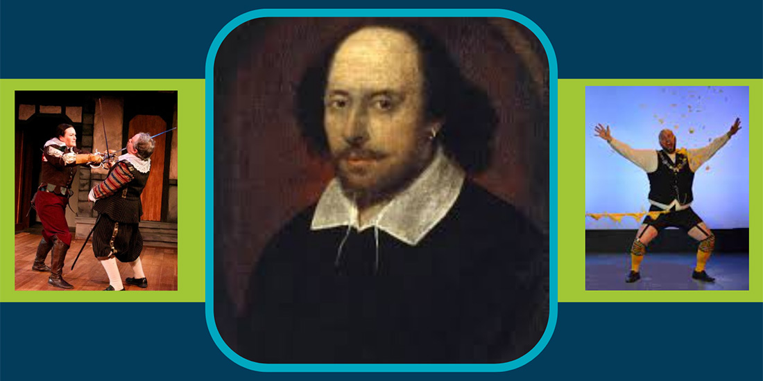 Composite image featuring a portrait of William Shakespeare and images of perforances from several of his comedies.