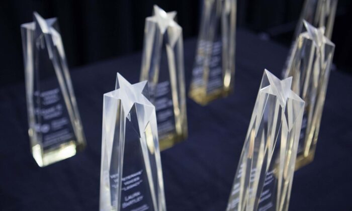 Veterans' Voices Awards sit on a table shortly before the start of the ceremony at the University of St. Thomas in St. Paul.