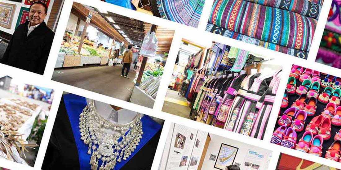 Composite image of storefronts, shoppers, a shop owner, and various goods sold at Hmong Marketplace in St. Paul.