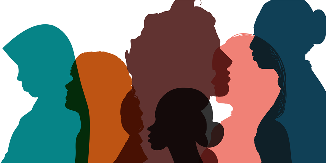 Illustration of women's silhouettes in various colors for #WomanLifeFreedom.