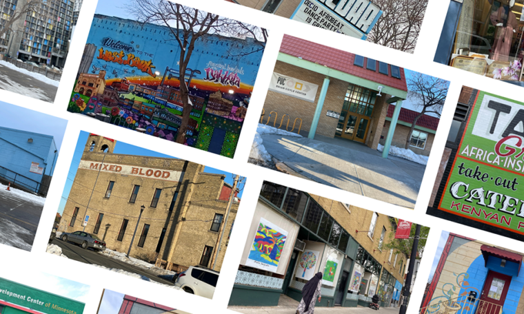 Composite image featuring pictures of storefronts, and street scenes from Minneapolis' Cedar-Riverside and West Bank neighborhoods.