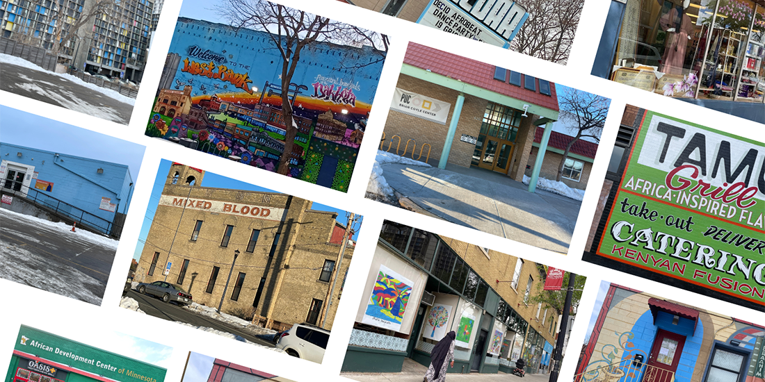 Composite image featuring pictures of storefronts, and street scenes from Minneapolis' Cedar-Riverside and West Bank neighborhoods.