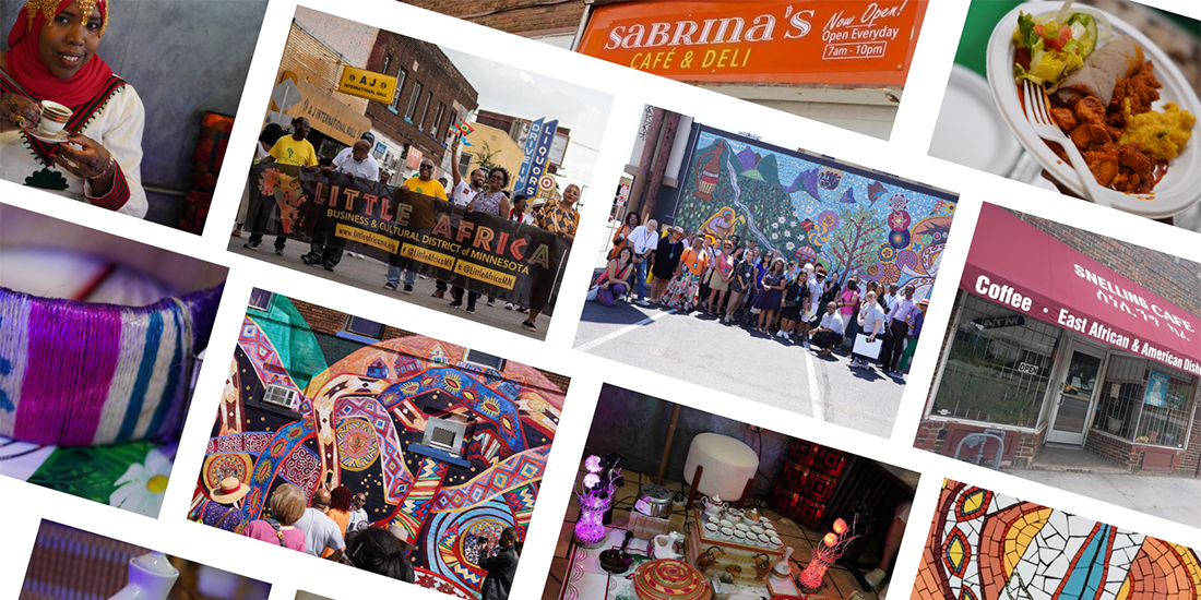 Composite image featuring images of storefronts, shoppers, and products from St. Paul's Little Africa Community.