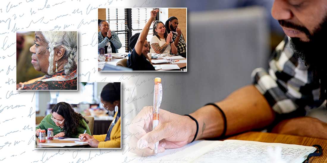 Composite image featuring a photo of a black man writing in a journal overlayed with images of BIPOC Writers' Retreat held at the Minnesota Humanities Event Center.