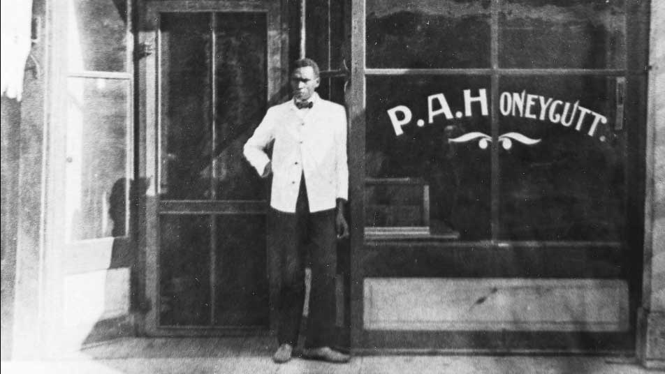 Prince Honeycutt, one of the first African-American baseball players in the state, stands outside his barbershop in Fergus Falls, Minn., in this undated photo. Honeycutt, formerly enslaved, went on to be a prominent leader in the Black community. Courtesy Otter Tail Historical Society