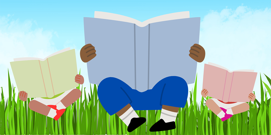 An illustration of an adult and two small children reading books while seated in the grass.
