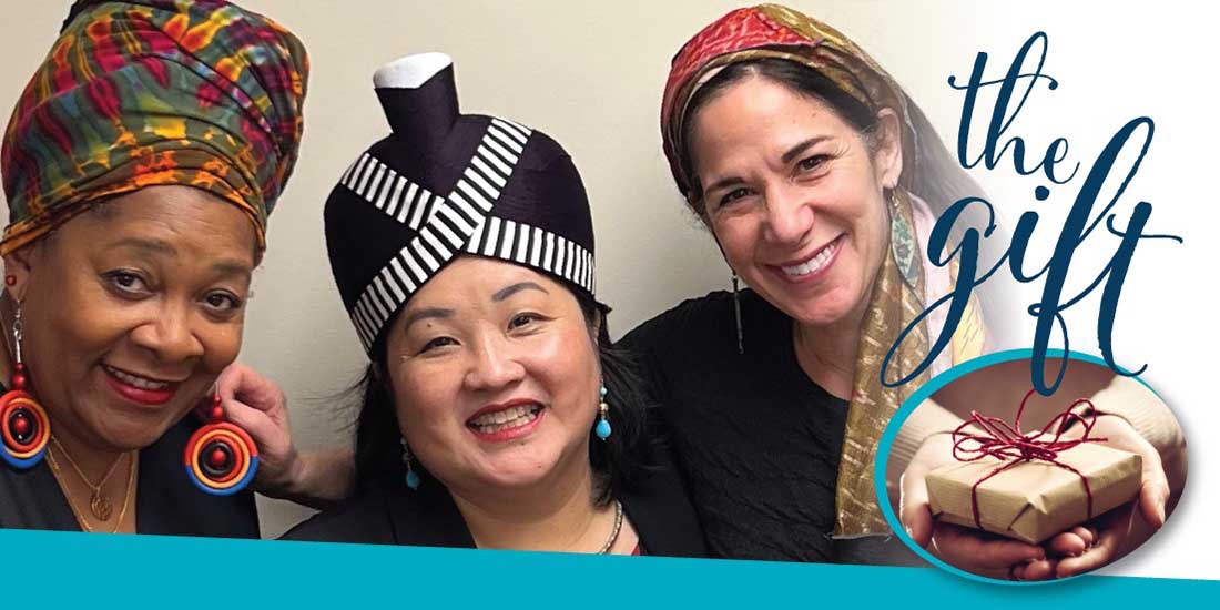 Composite image featuring a photo of three smiling women in headscarves with an image of hands holding a small wrapped gift.