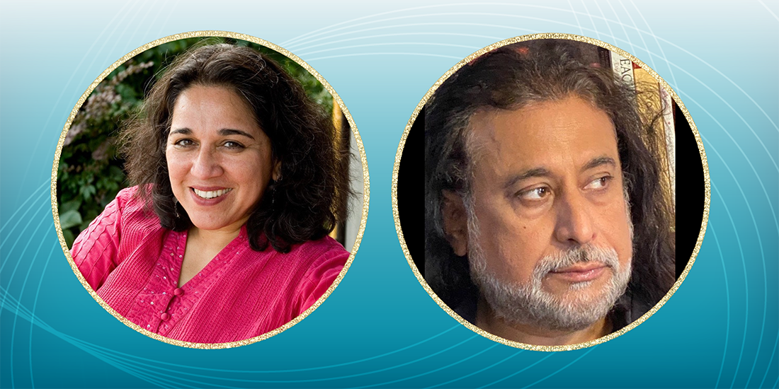 Composite image with photos of Pangea Theater Executive Director Meena Natarajan, Artistic Co-Director Dipankar Mukherjee.