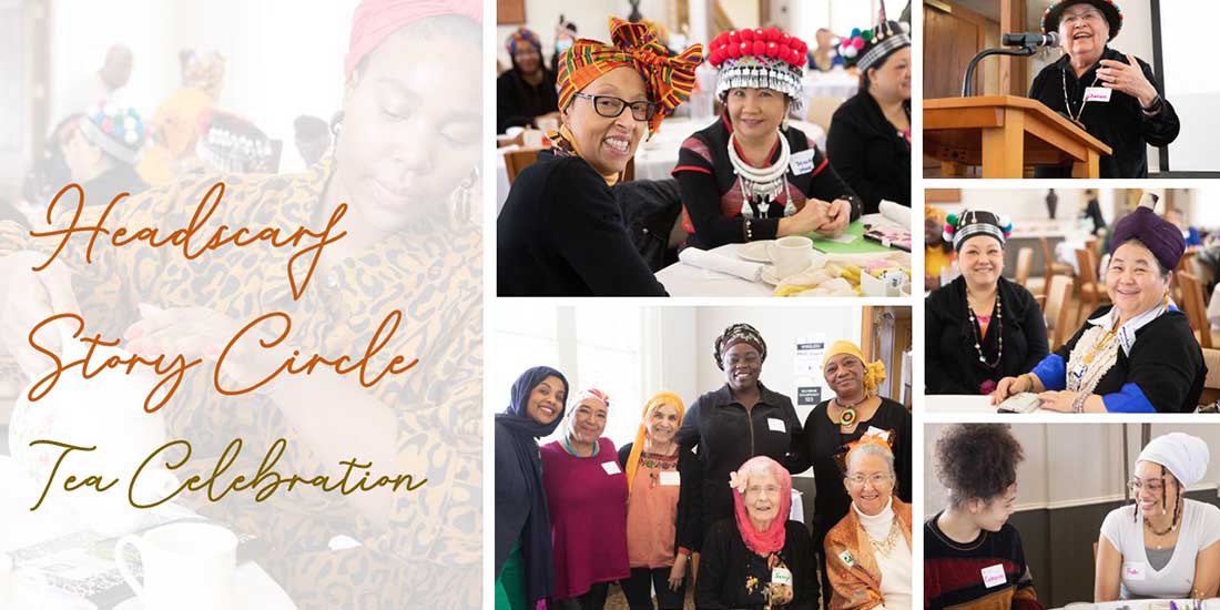 Composite image featuring photos of smiling women in headscarves from a Headscarf Story Circle held at the Minnesota Humanities Event Center.