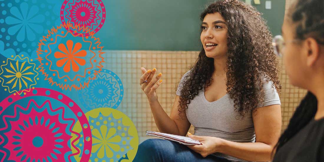 Composite image featuring a young Latina/e/x woman speaking to a group as well additional artistic flourishes.