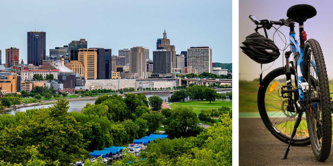 Composite image featuring a photo of the downtown St. Paul skyline and a mountain bike with a helmet hanging from the handles.