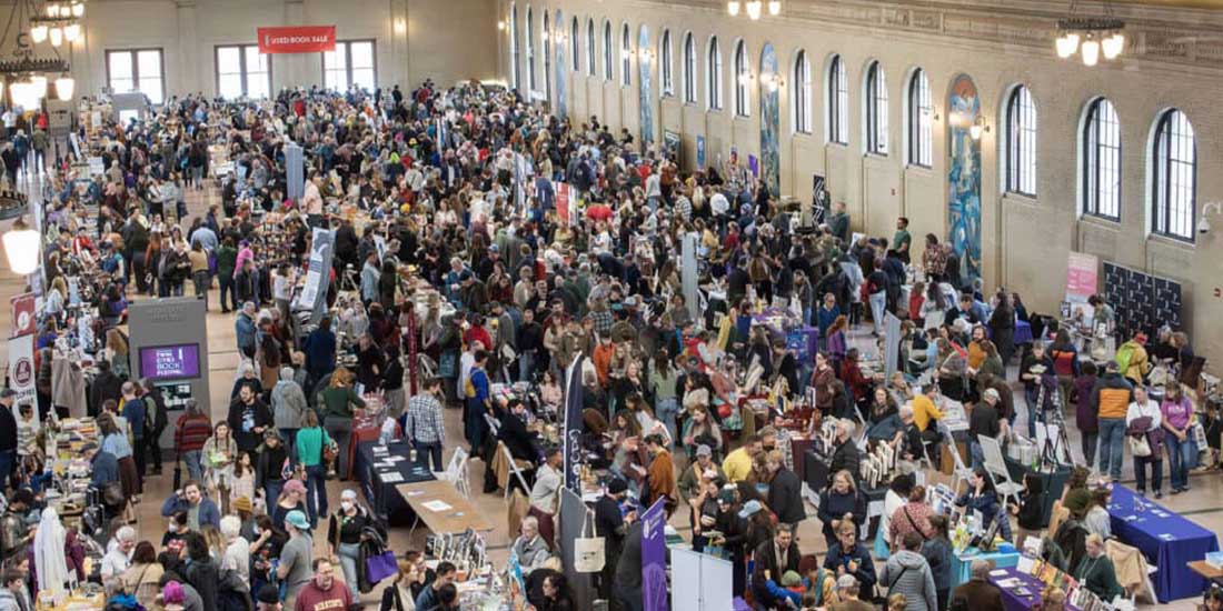 A large crowd attends the Rain Taxi's 25th Annual Twin Cities Book Festival in St. Paul in 2025.